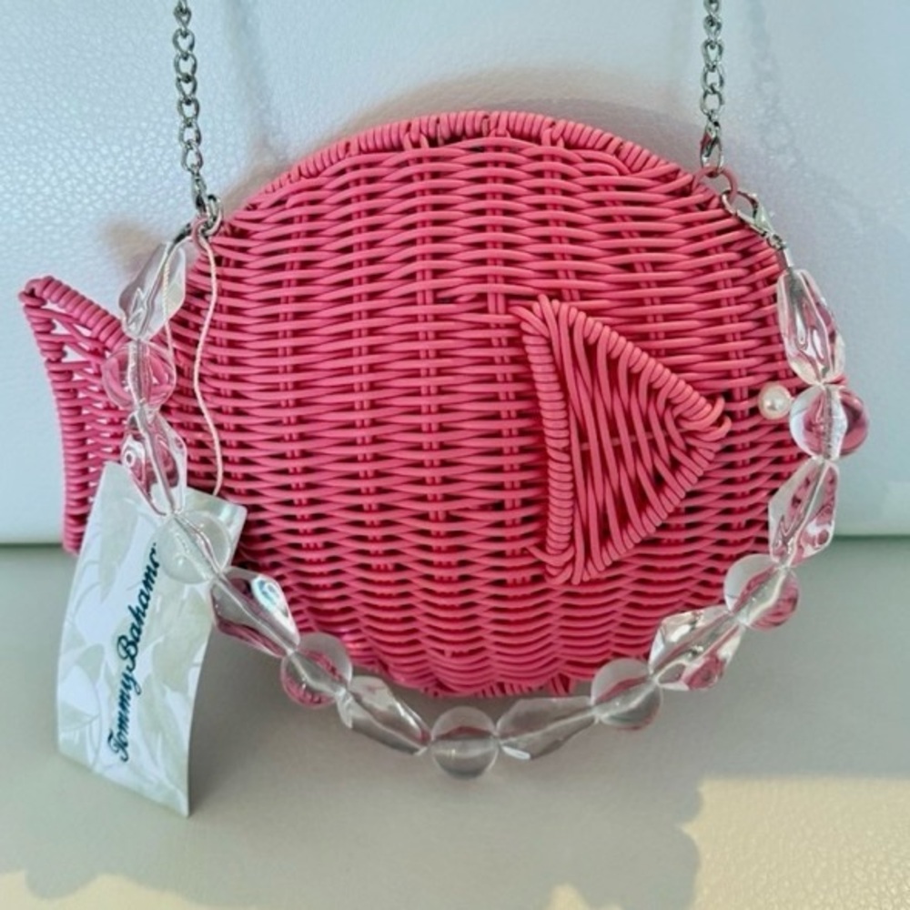 TOMMY BAHAMA PINK WOVEN WICKER FISH PURSE CLUTCH CROSSBODY BAG Fish-Shaped Bag - Picture 2 of 3